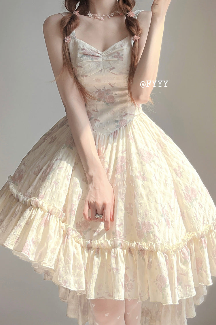 Pink Oblique Shoulder Print Ruffle Bowknot Lace Sweet Lolita Jsk Dress Set