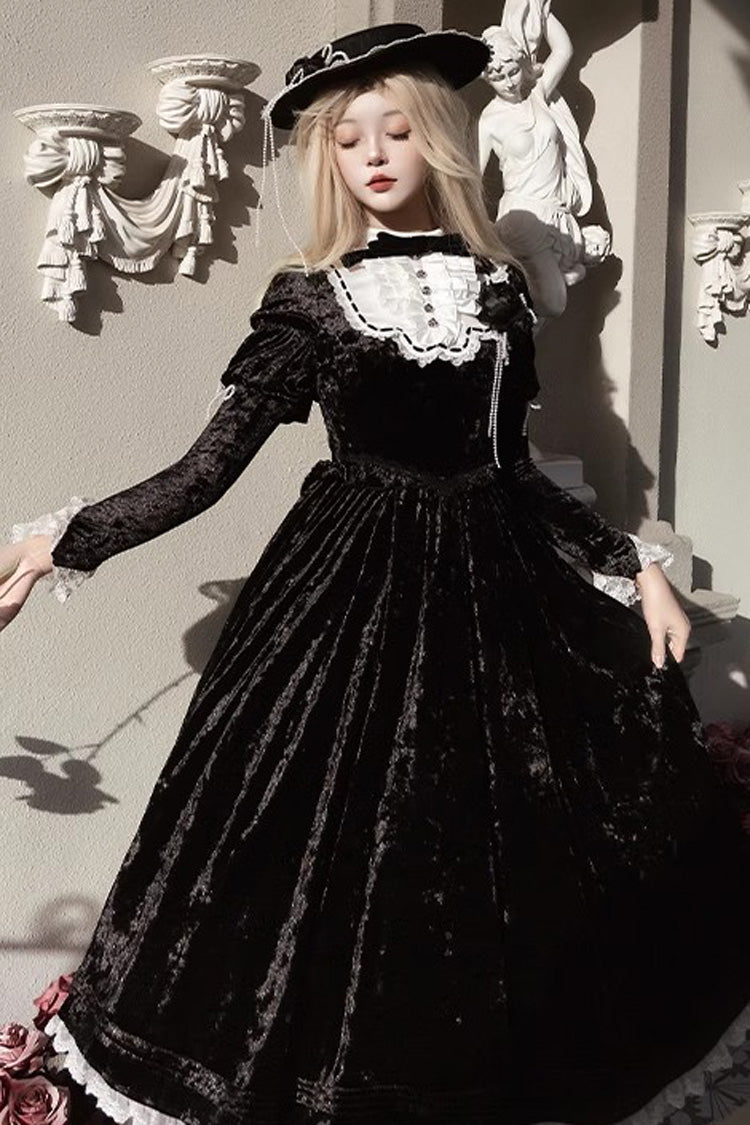 Black Whispering Castle Long Sleeves Ruffle Bowknot Lace Gothic Lolita Dress