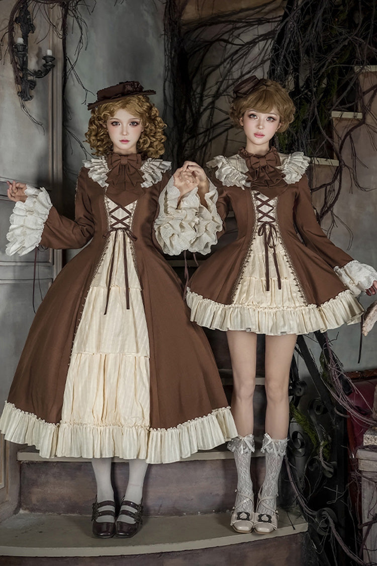 Brown/Beige Nutcracker Stand Collar Long Trumpet Sleeves Ruffle Cardigan Bowknot Lace-Up Sweet Lolita Dress Set 2 Versions