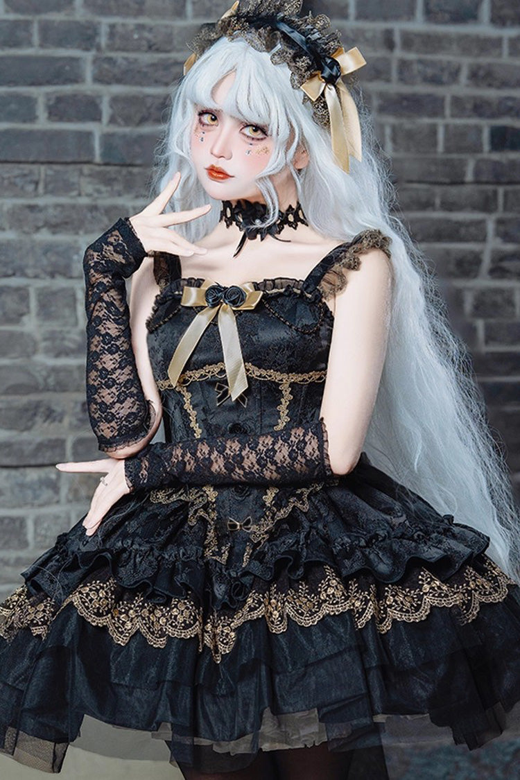 Black Fleeting Light and Shallow Dream Sleeveless Multi-Layered Ruffle Bowknot Lace Slim Gothic Ballet Lolita Jsk Dress