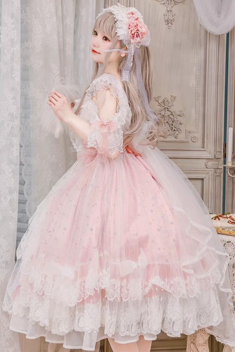 Pink Glazed Phantom Off Shoulder Ruffle Hanayome Bowknot Lace Sweet Elegant Lolita Dress