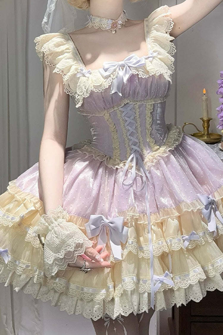 Purple Flory Butterfly Double-Layered Ruffle Bowknot Lace Lace-Up Sweet Ballet Lolita Jsk Dress