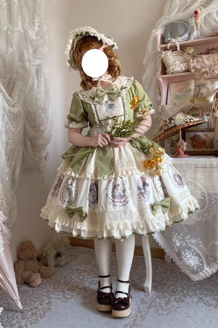 Green Little Ida's Flowers Short Sleeves Print Ruffle Bowknot Sweet Lolita Dress
