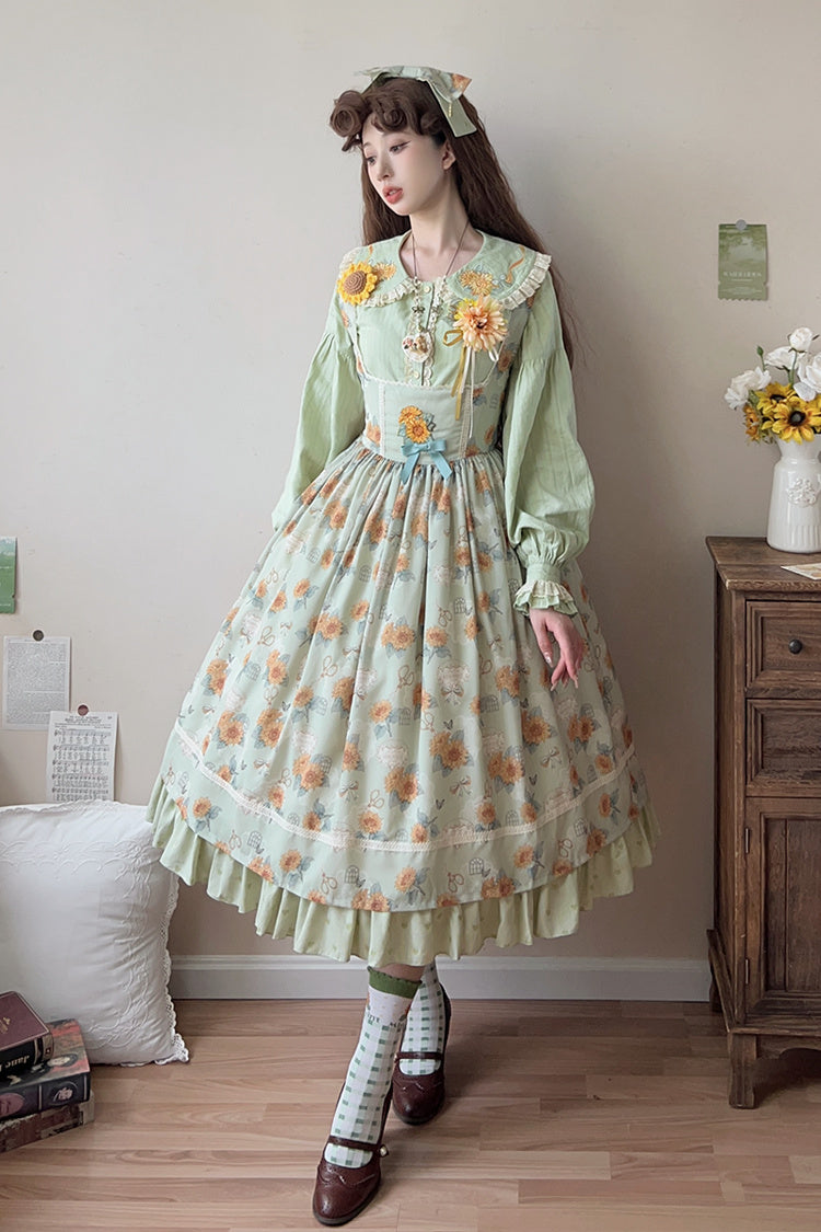 Green Gardening Sunflower Sleeveless Print Ruffle Bowknot Sweet Elegant Uplift Lolita Jsk Dress