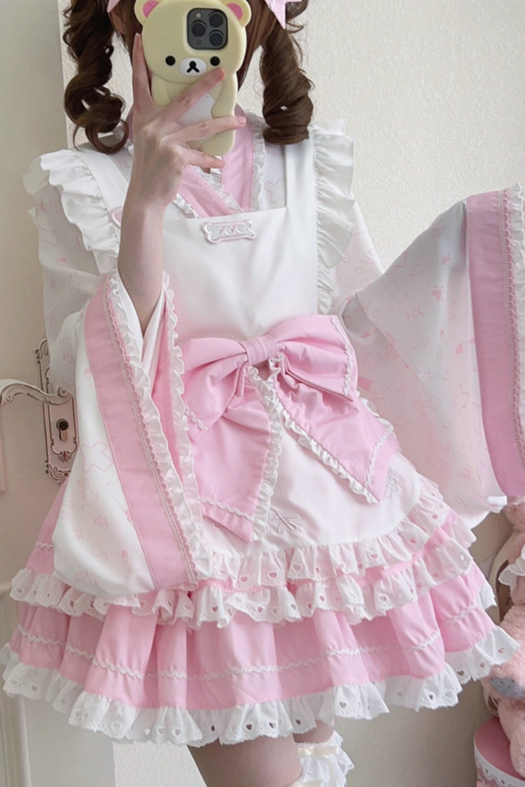 Pink/White Double-Layered Ruffle Bowknot Maid Sweet Lolita Skirt Set