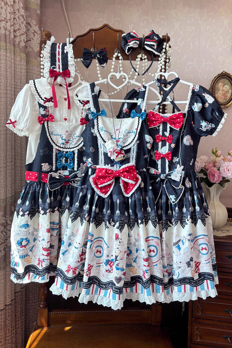 Black Mystery Rabbit Tea Party Sleeveless Print Ruffle Bowknot Lace Sweet Lolita Jsk Dress