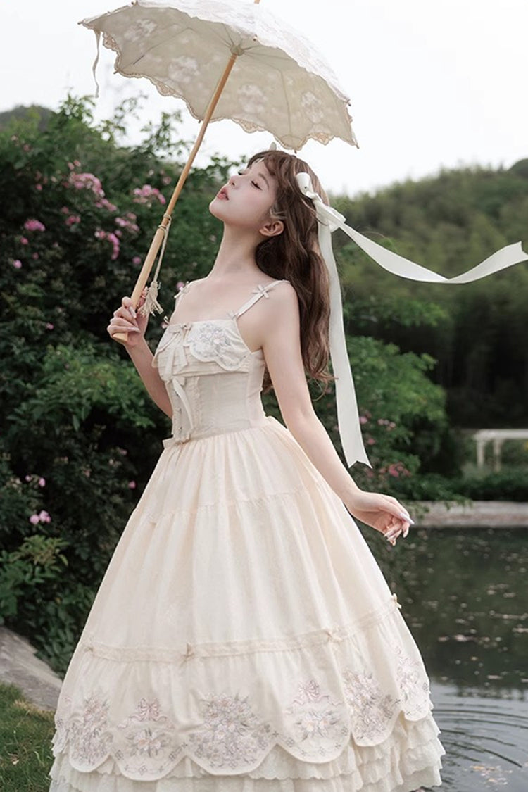 Apricot Fantasy Butterfly Triple-Layered Ruffle Embroidery Bowknot Lace Sweet Princess Lolita Jsk Dress