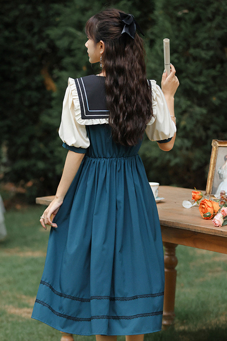Multi-Color Retro Doll Collar Short Lantern Sleeves High Waist Embroidery Sweet Lolita OP Dress