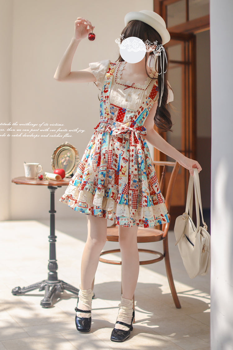 Multi-Color Linlang Painting Shop Sleeveless Multi-Layered Print Ruffle Sweet Vintage Lolita Jumper Dress
