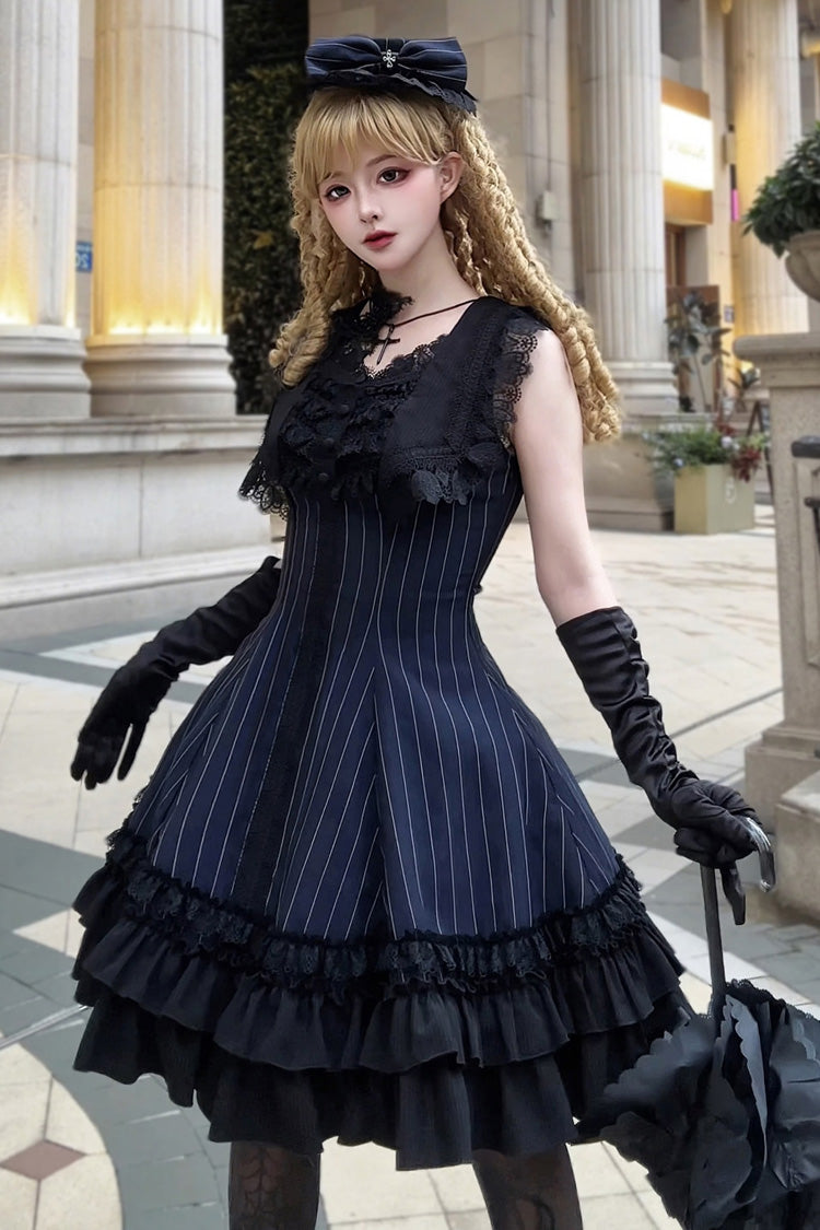 Escape Double-Layered Jacquard Striped Printed Ruffled Slim Gothic Lolita Jumper Dress 3 Colors