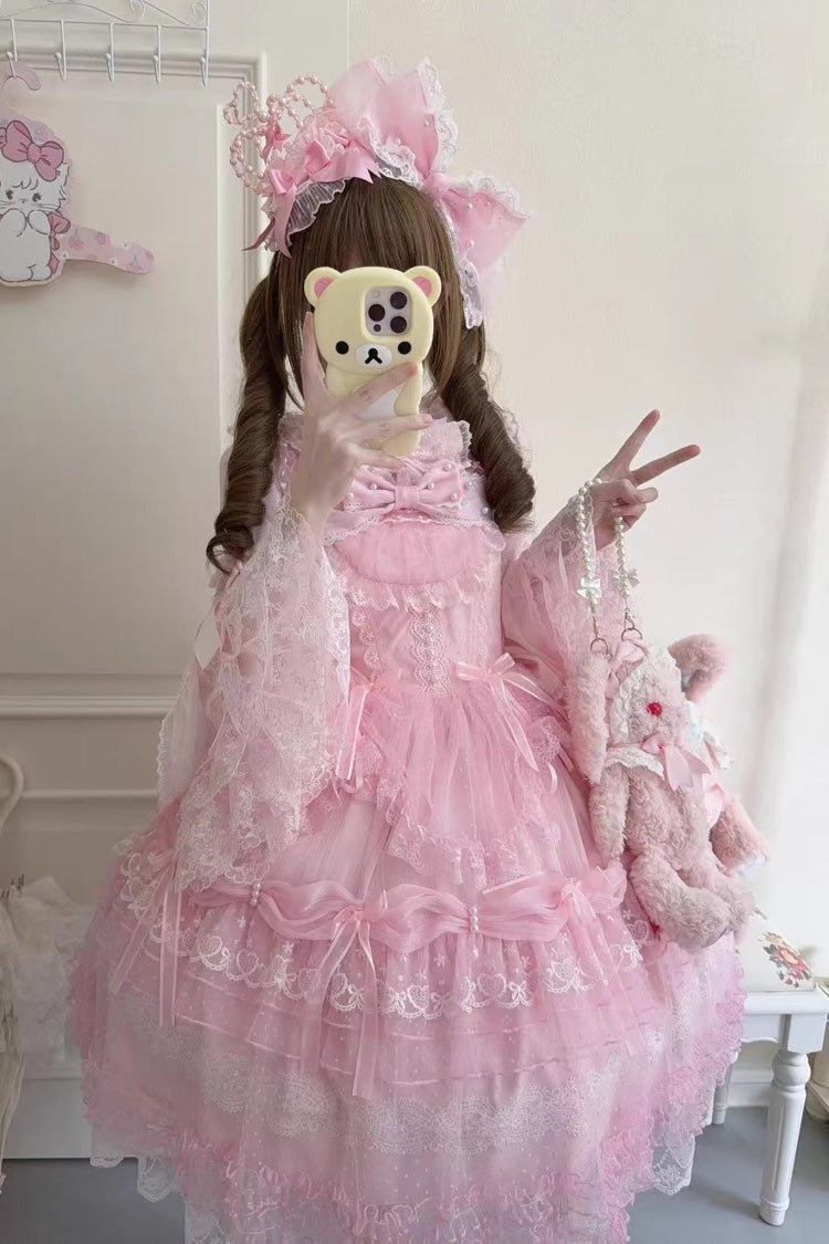 Pink Sugar Heart Knot Multi-Layered Ruffled Bow Lace Sweet Lolita Jsk Dress