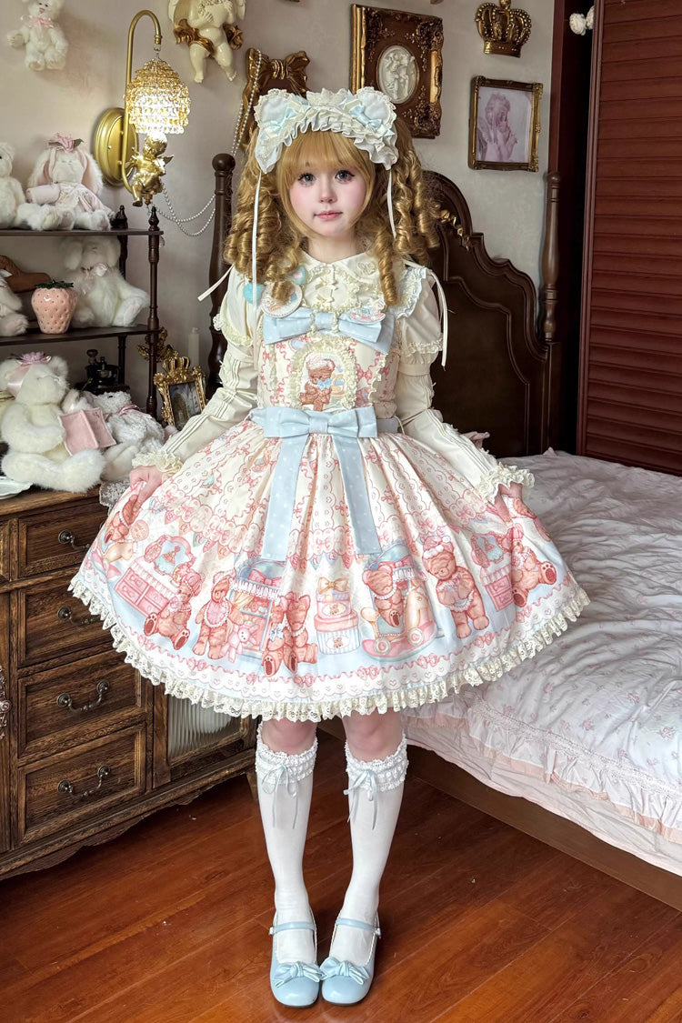 Bear Anniversary Celebration Sleeveless Printed Ruffled Bow Sweet Lolita Jsk Dress 2 Colors