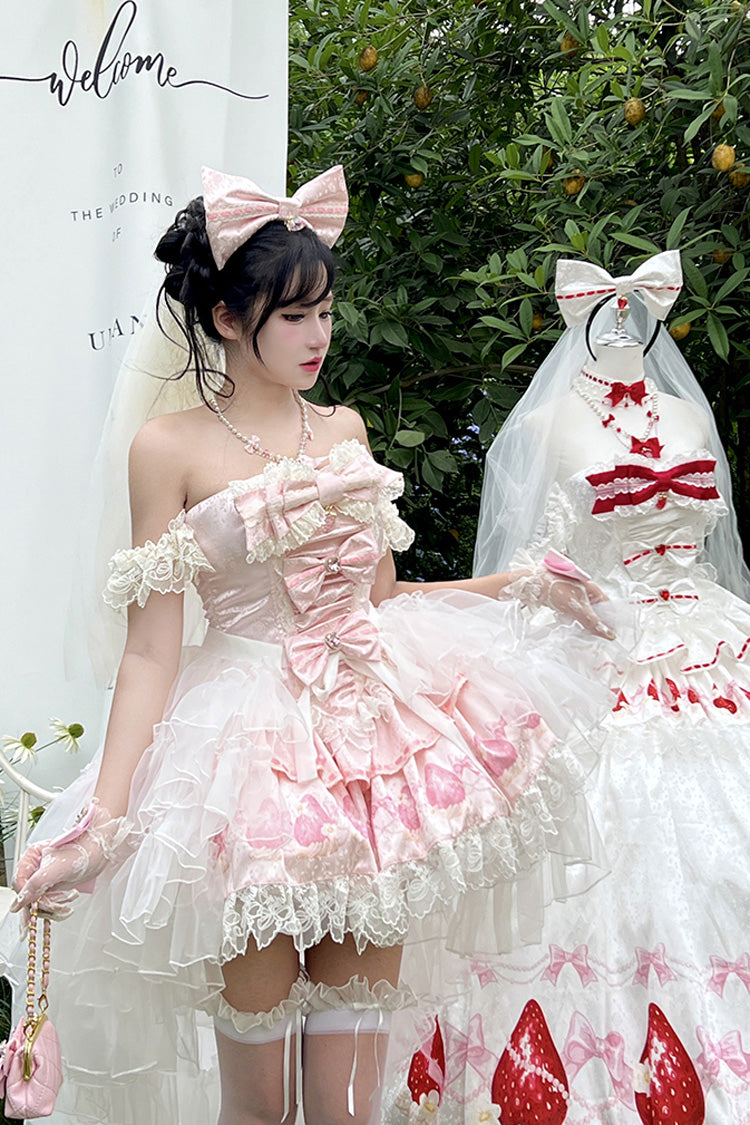 Pink True Love Strawberry Print Off Shoulder Sleeveless Ruffle Bowknot Lace Sweet Princess Lolita Dress Set