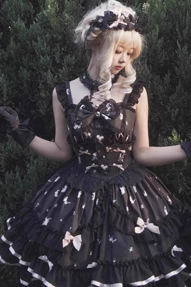 Black Eros Kiss Sleeveless Double-Layered Print Ruffle Bowknot Gothic Elegant Lolita Jsk Dress