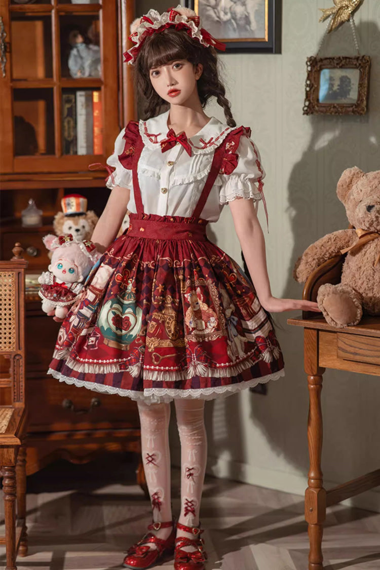 Red Rabbit and Bear Feast Print Ruffle Bowknot Sweet Lolita Skirt