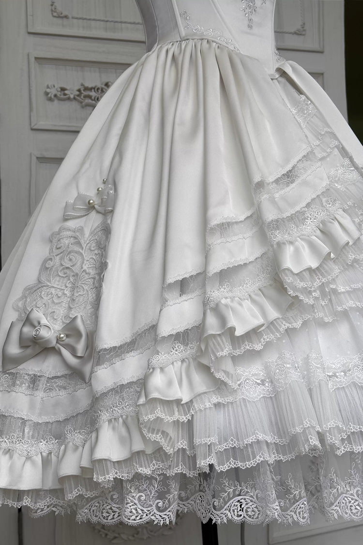 White Promise of the Rose Multi-Layered Ruffled Hanayome Open-Front Bow Sweet Gorgeous Lolita Jsk Dress Set