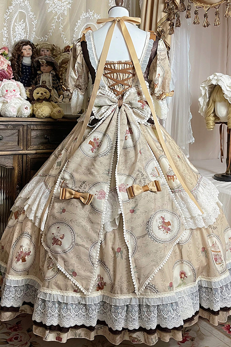 Brown Baker Street Tea Party Short Sleeves High Waisted Print Ruffle Embroidery Cardigan Bowknot Lace-Up Classic Vintage Princess Lolita Dress