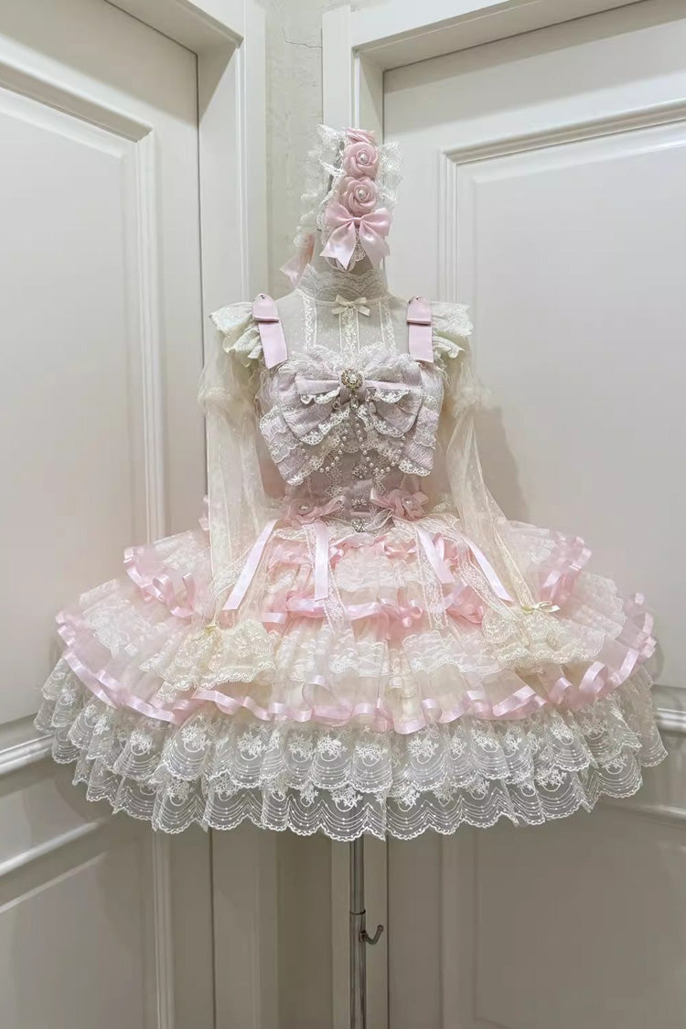 Pink Rose Feather Waltz Sleeveless Triple-Layered Ruffle Bowknot Lace Sweet Ballet Lolita Jsk Dress