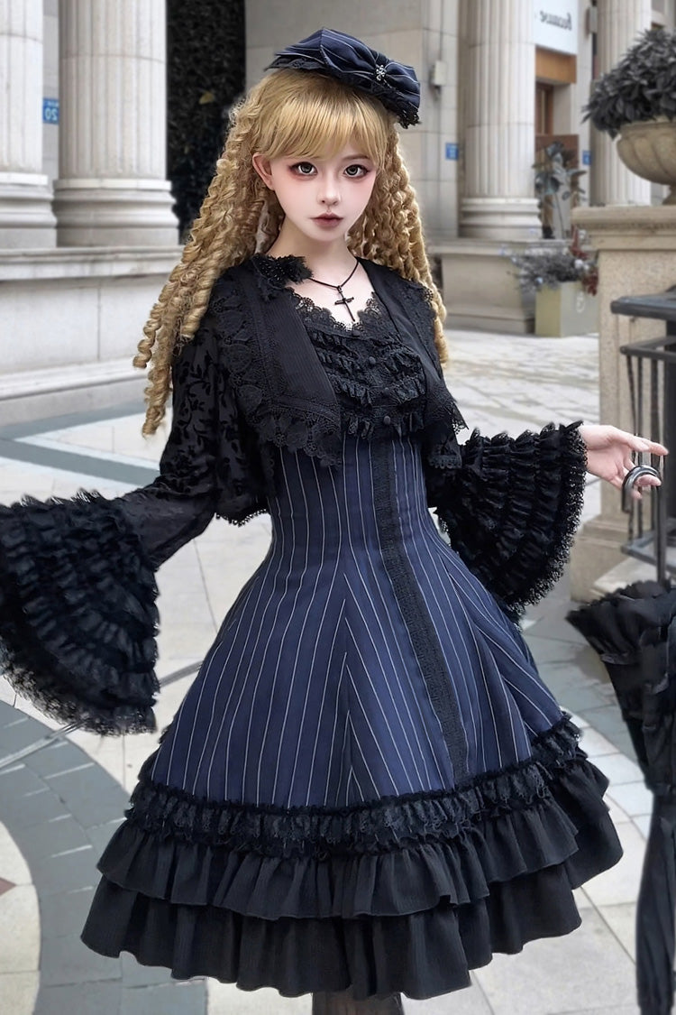 Escape Double-Layered Jacquard Striped Printed Ruffled Slim Gothic Lolita Jumper Dress 3 Colors