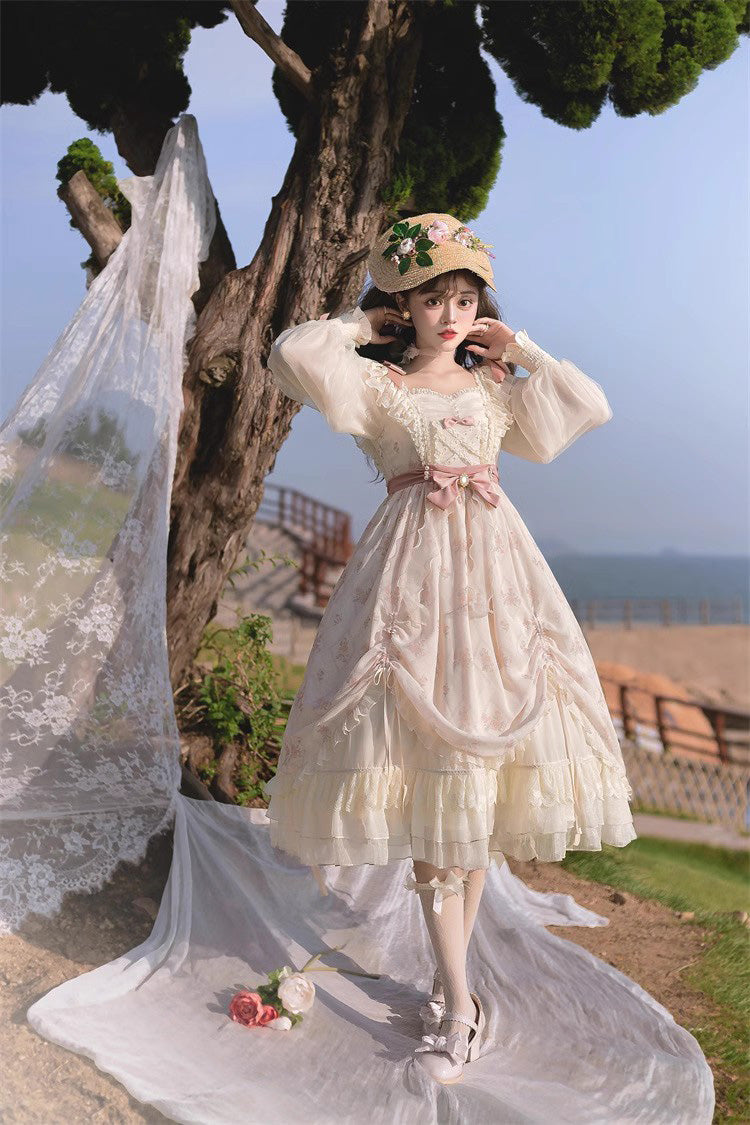 Ivory Time Letter Multi-layer Print Ruffle Bowknot Daily Sweet Elegant Lolita Dress