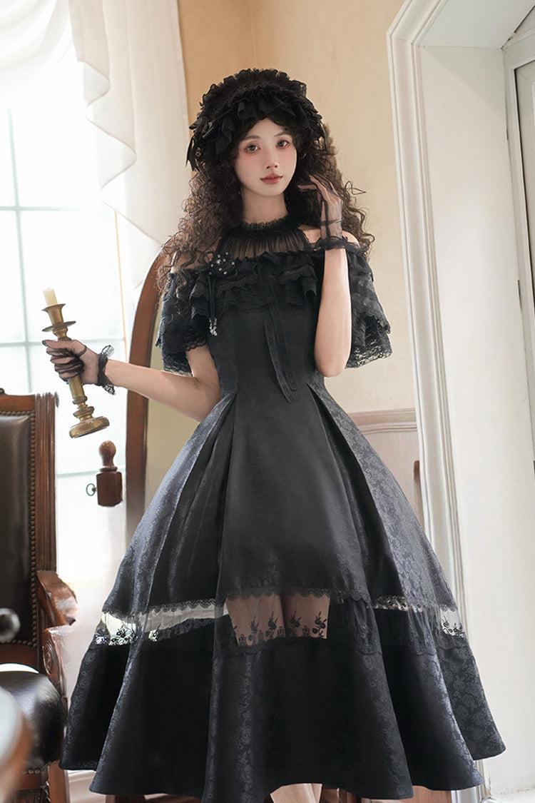 Black Flowers in the Mist Off Shoulder Halterneck Print Ruffle Gothic Elegant Lolita Dress