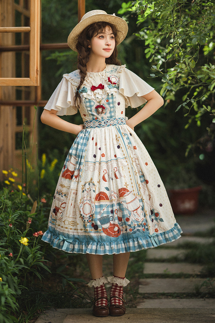 Blue/Green Tea Party Print Ruffle Bowknot Lace Sweet Elegant Lolita Jsk Dress