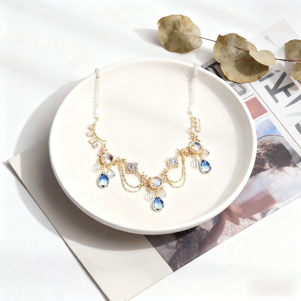 Lolita Necklace Ethereal Ocean Blue Gradient Crystal Gold Filigree Choker with Gems Celestial