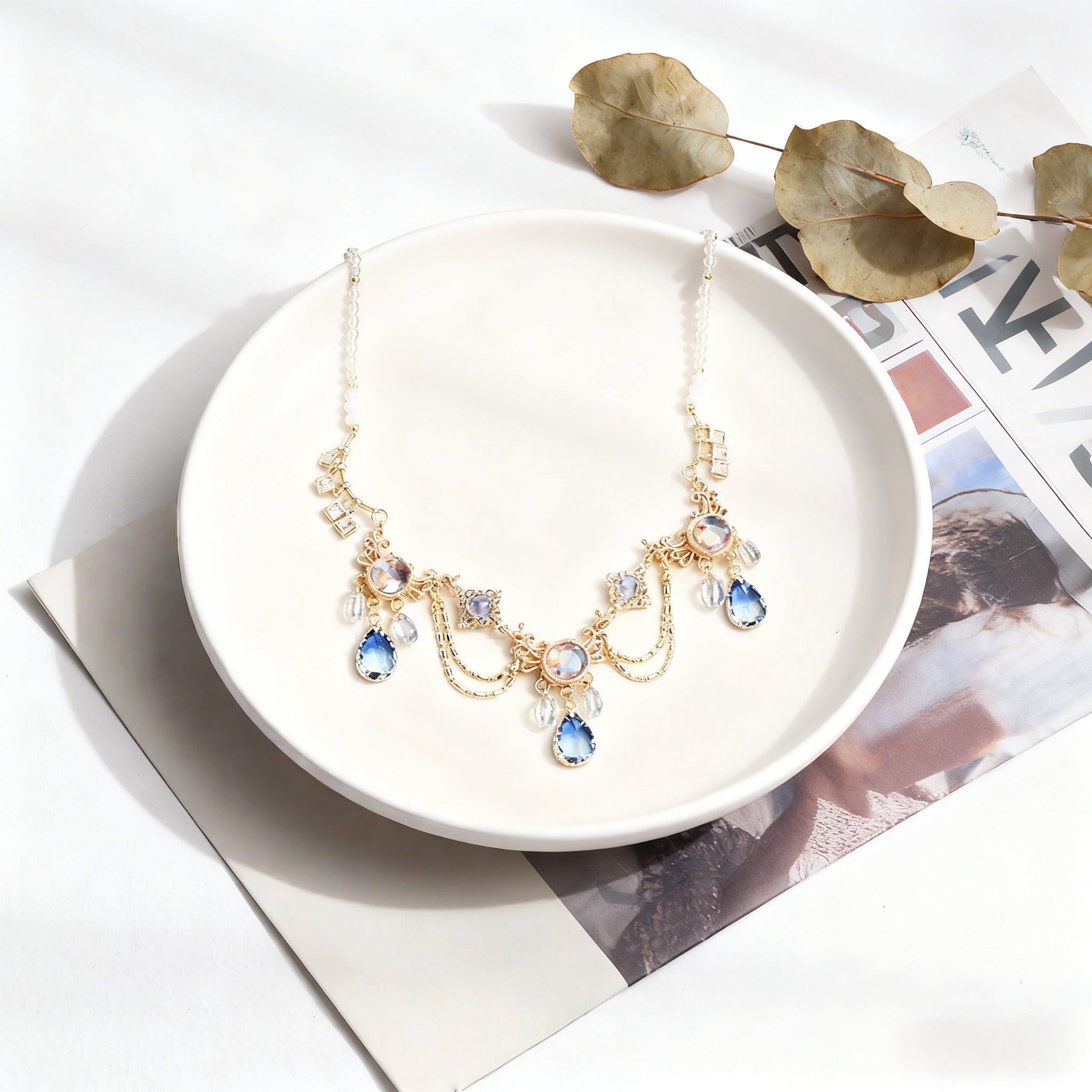 Lolita Necklace Ethereal Ocean Blue Gradient Crystal Gold Filigree Choker with Gems Celestial