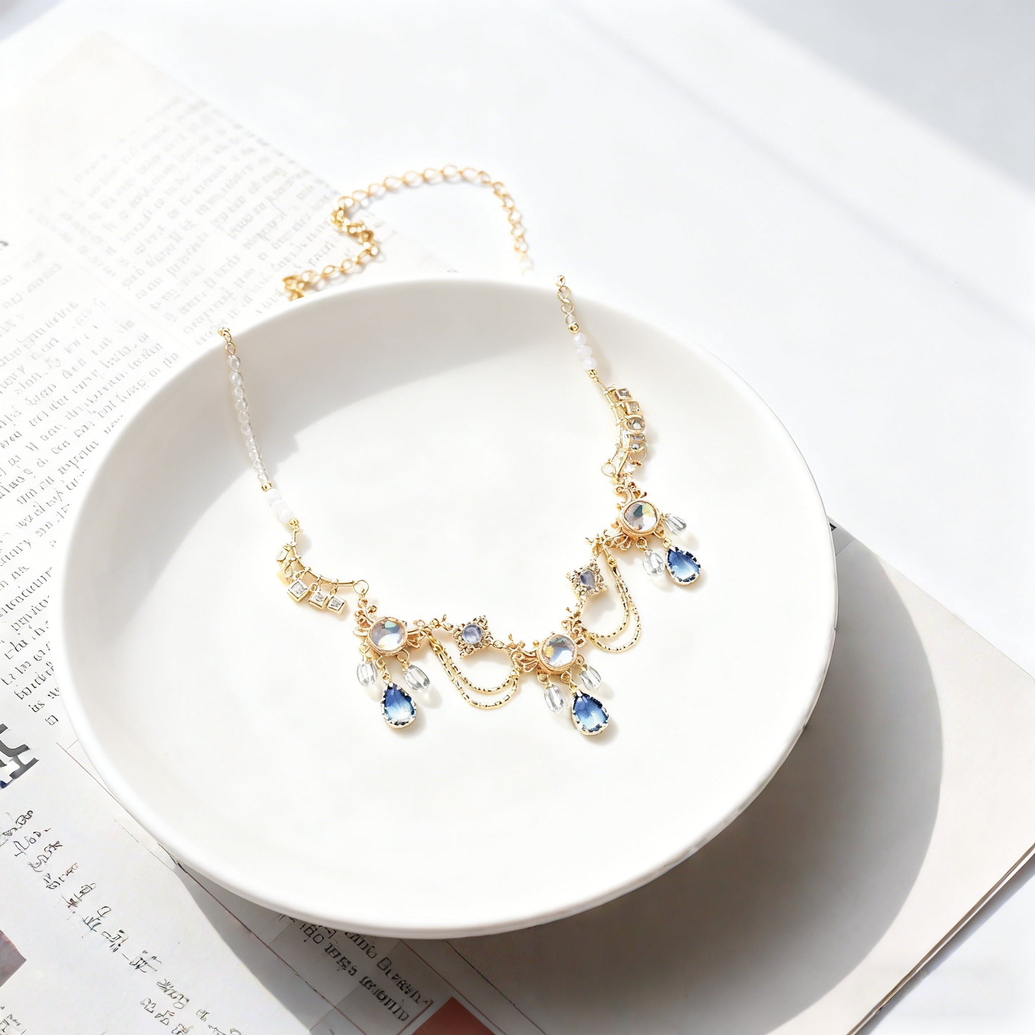 Lolita Necklace Ethereal Ocean Blue Gradient Crystal Gold Filigree Choker with Gems Celestial