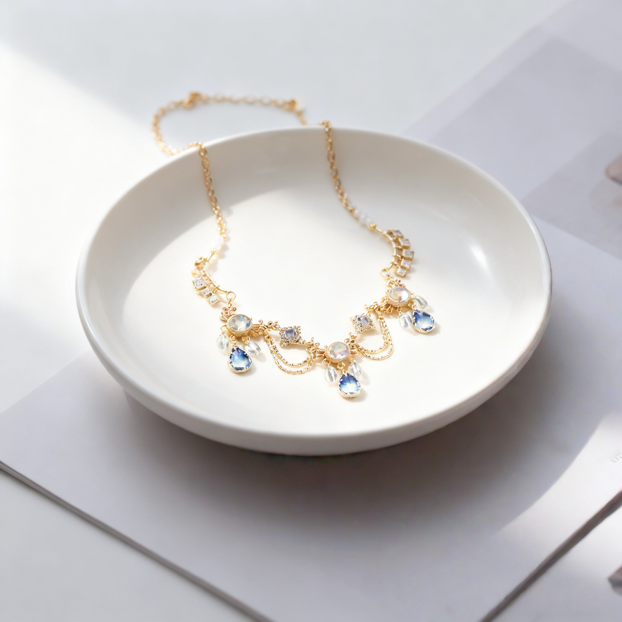 Lolita Necklace Ethereal Ocean Blue Gradient Crystal Gold Filigree Choker with Gems Celestial