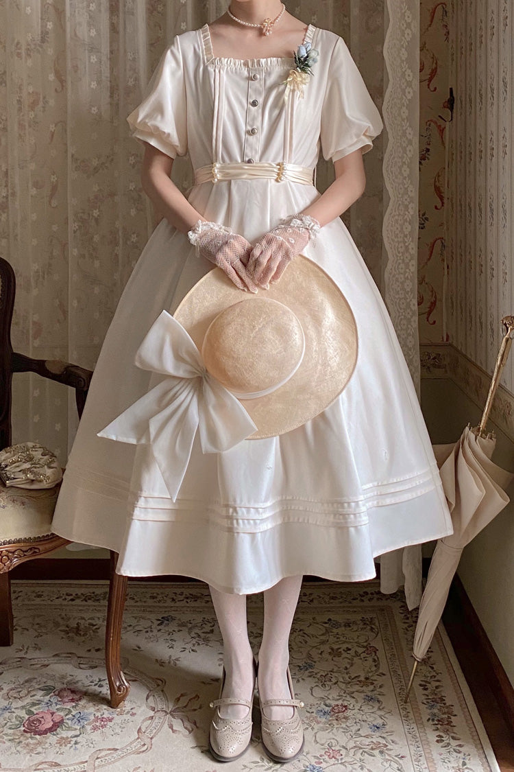 Apricot Random Thoughts Square Collar Short Sleeves Ruffle Classic Vintage Elegant Lolita Dress