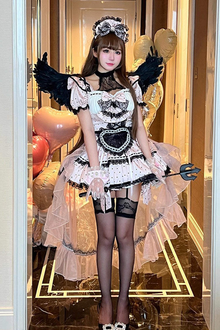 Pink Apprentice Cupid Halterneck Short Sleeves Print Ruffle Bowknot Lace Maid Sweet Lolita Dress
