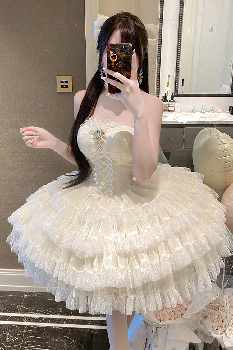 Beige Heartbeat at First Sight Off Shoulder Sleeveless Multi-Layered Ruffle Bowknot Lace Lace-Up Sweet Princess Gorgeous Lolita Dress