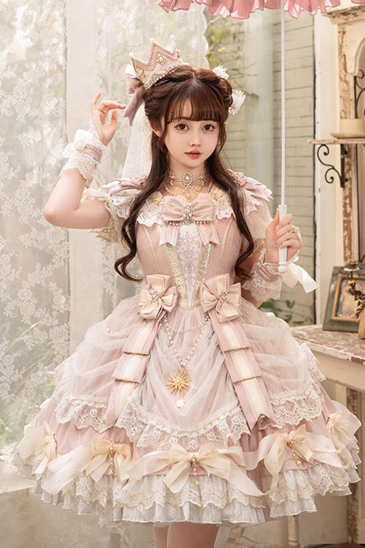 Pink Girls' Day Short Sleeves Multi-Layered Ruffle Bowknot Lace Sweet Lolita Dress 2 Versions