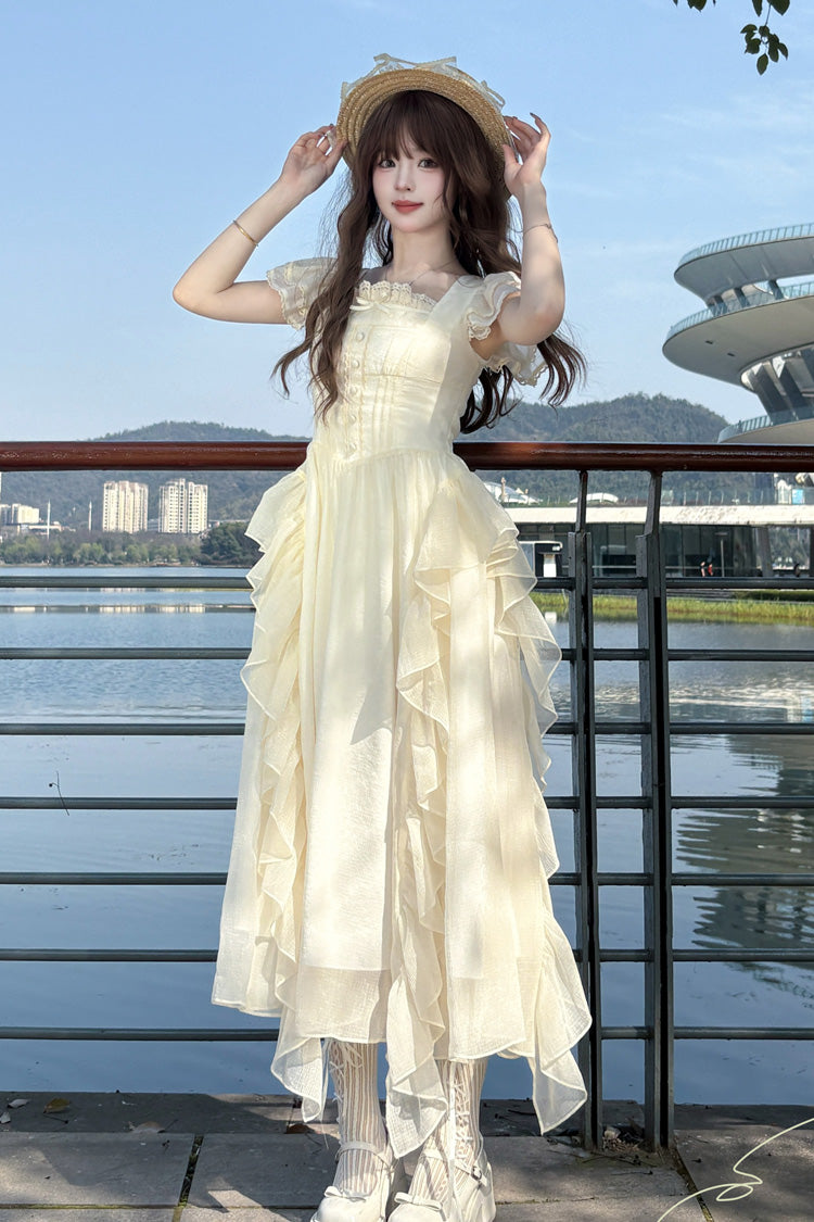 Apricot Moonlight Beach Square Collar Short Sleeves Ruffle Sweet Lolita Dress