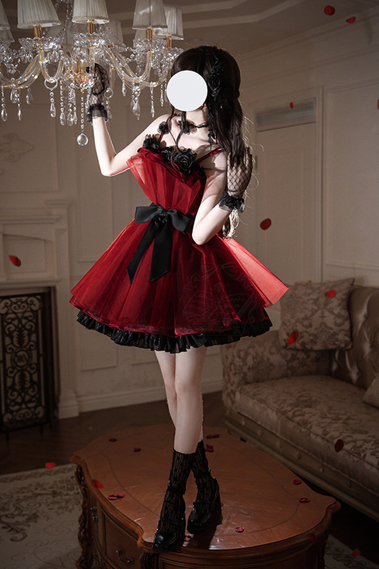 Wine Red Eternal Night Bouquet Sleeveless Ruffle Bowknot Sweet Princess Lolita Dress