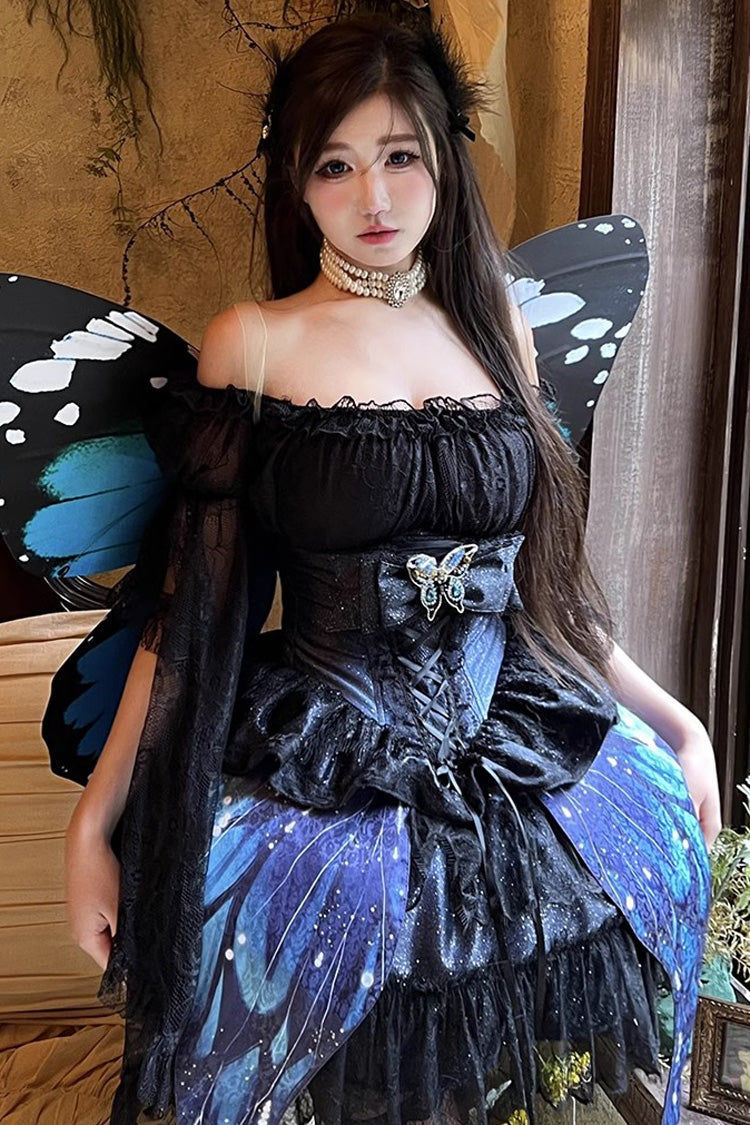 Black Sparkling Butterfly Print Bowknot Sweet Lolita Skirt