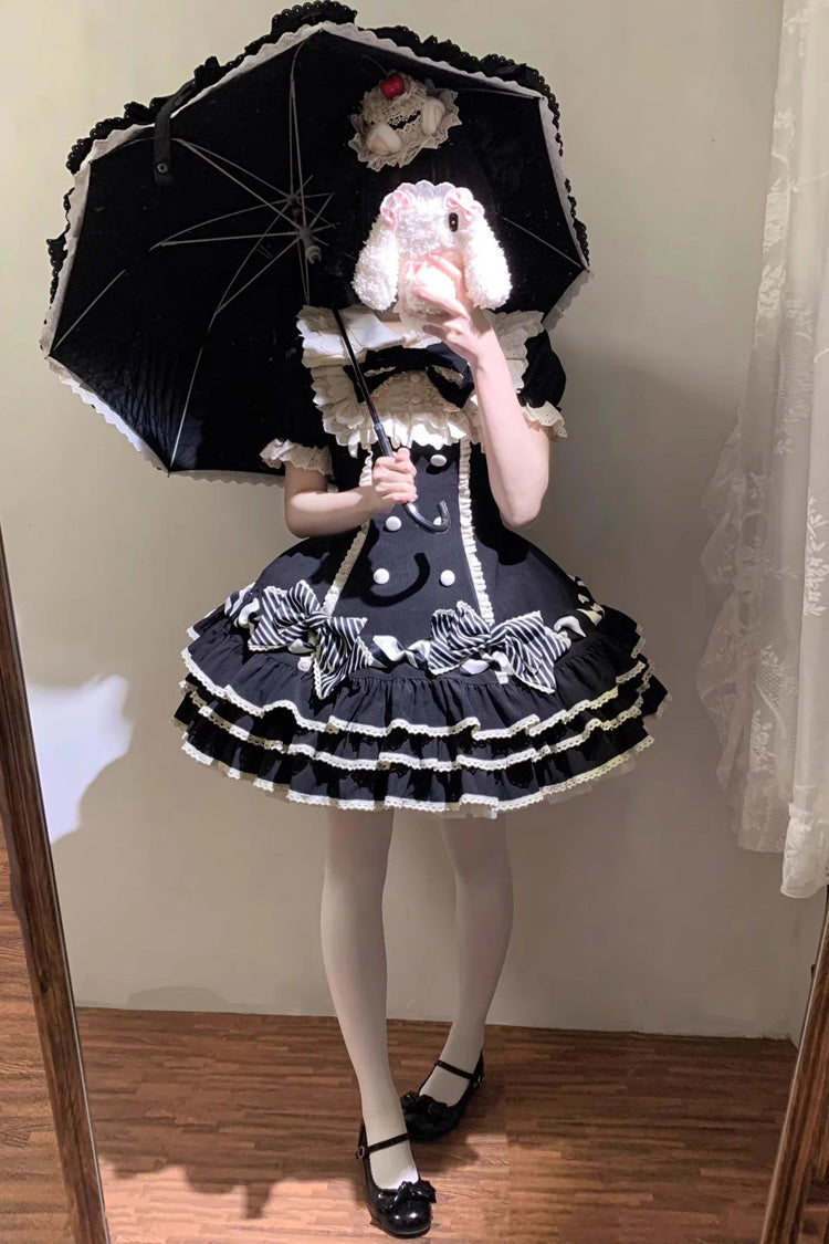 Black Striped Layered Short Sleeves Multi-Layered Ruffle Bowknot Sweet Princess Lolita Tiered Dress