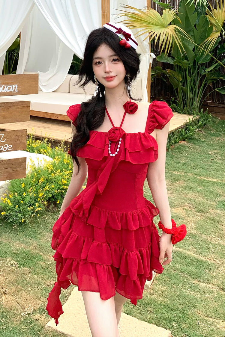 Red Summer Seaside Short Sleeves Triple-Layered Ruffle Bowknot Irregular Holiday Style Sweet Lolita Dress