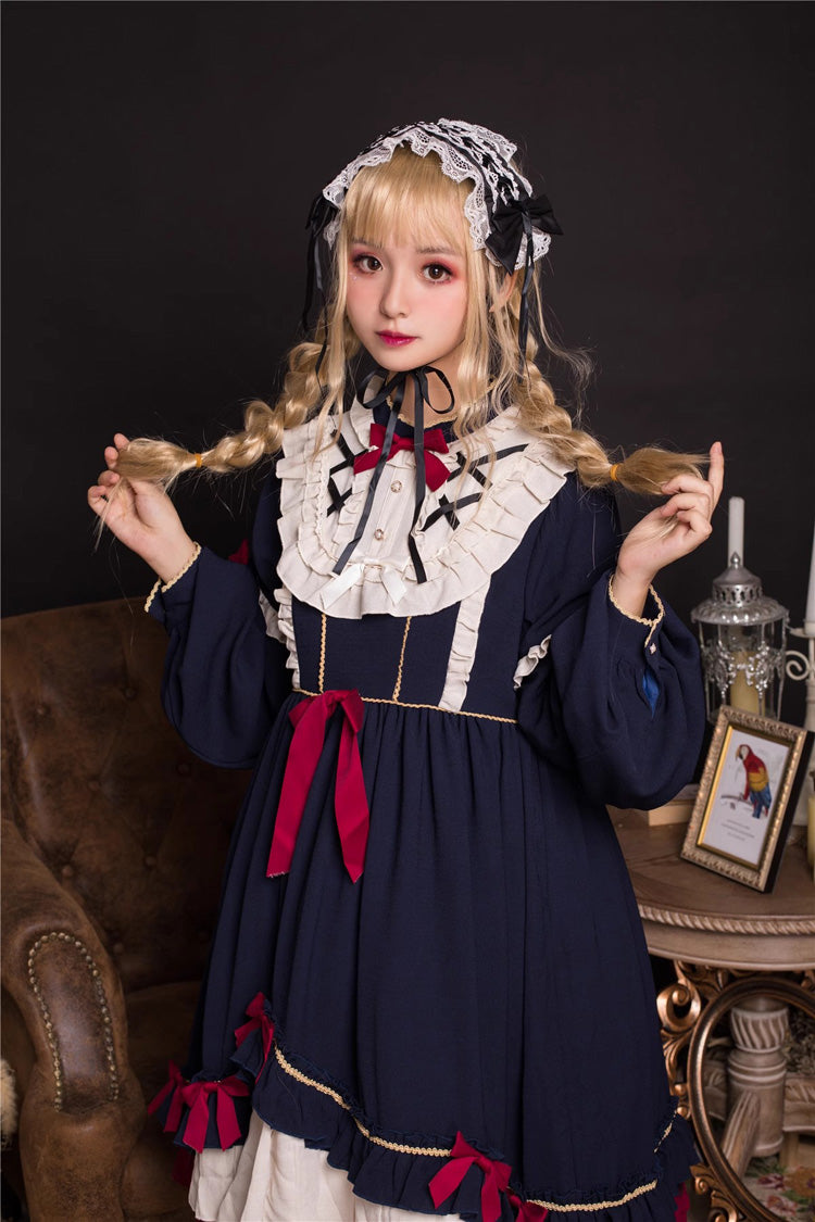 Blue Long Sleeves Ruffle Bowknot Daily Sweet Princess Lolita Dress