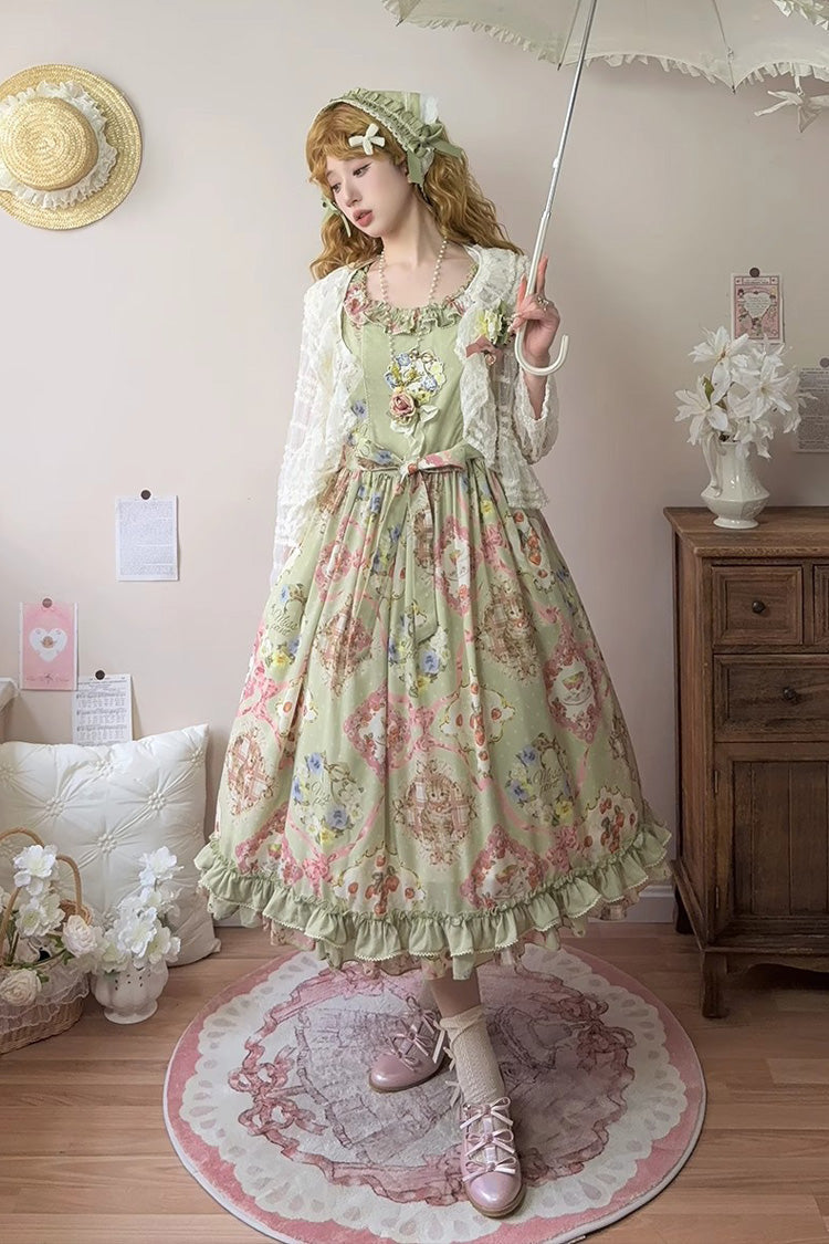 Green Cat Rose Tea Sleeveless Print Ruffle Bowknot Sweet Lolita Jsk Dress