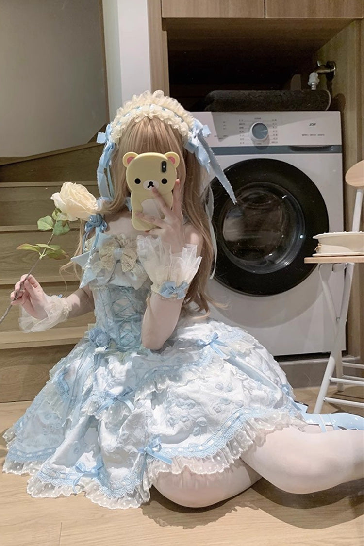 Blue Floral Overture Double-Layered Ruffle Embroidery Bowknot Lace Sweet Lolita Jsk Dress