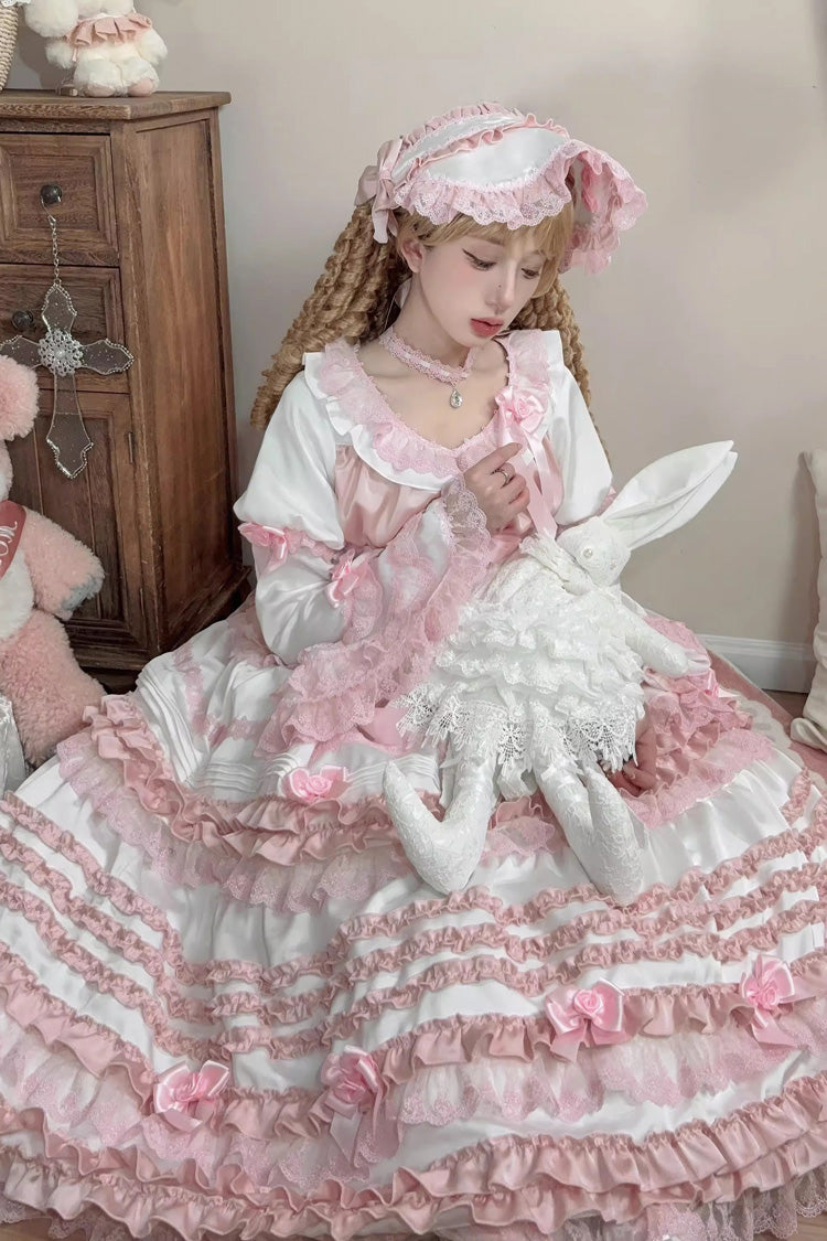 White/Pink Layered Peach Ice Short Sleeves Ruffle Bowknot Lace Sweet Lolita Dress