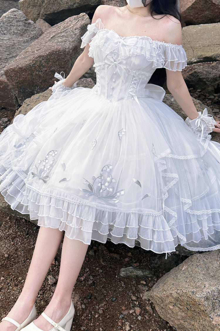 White Love Is Coming Multi-layer Ruffle Embroidery Bowknot Sweet Princess Lolita Jsk Dress