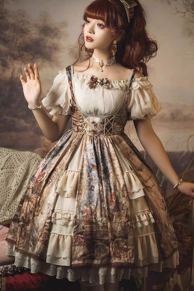 Brown Cloria Oil Painting Print Bowknot Lace Sweet Elegant Palace Lolita Jsk Dress