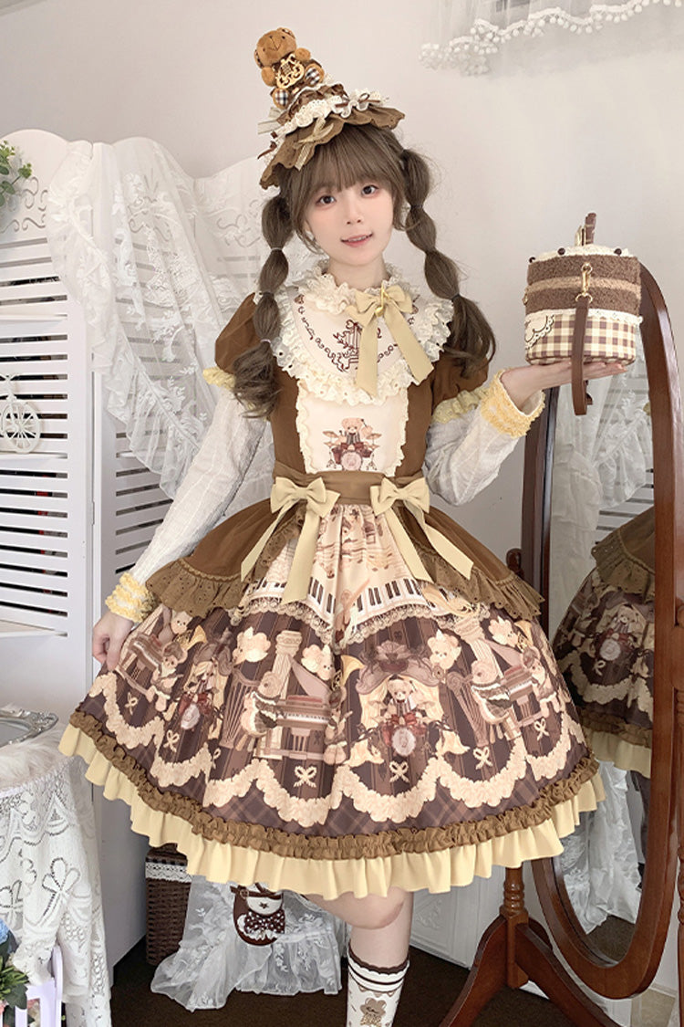 Brown Little Bear Concerto Print Ruffle Bowknot Sweet Princess Lolita Dress