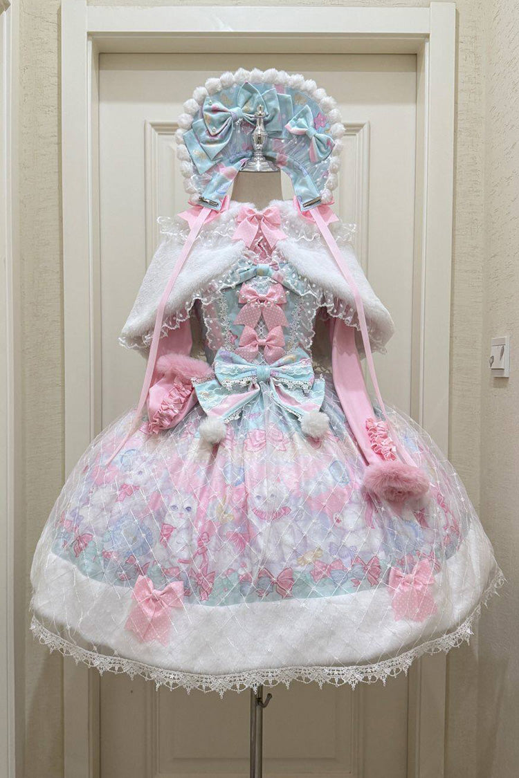 Green/Pink Candy Mary Cat Printed Ruffled Embroidered Bow Lace Sweet Lolita Jsk Dress