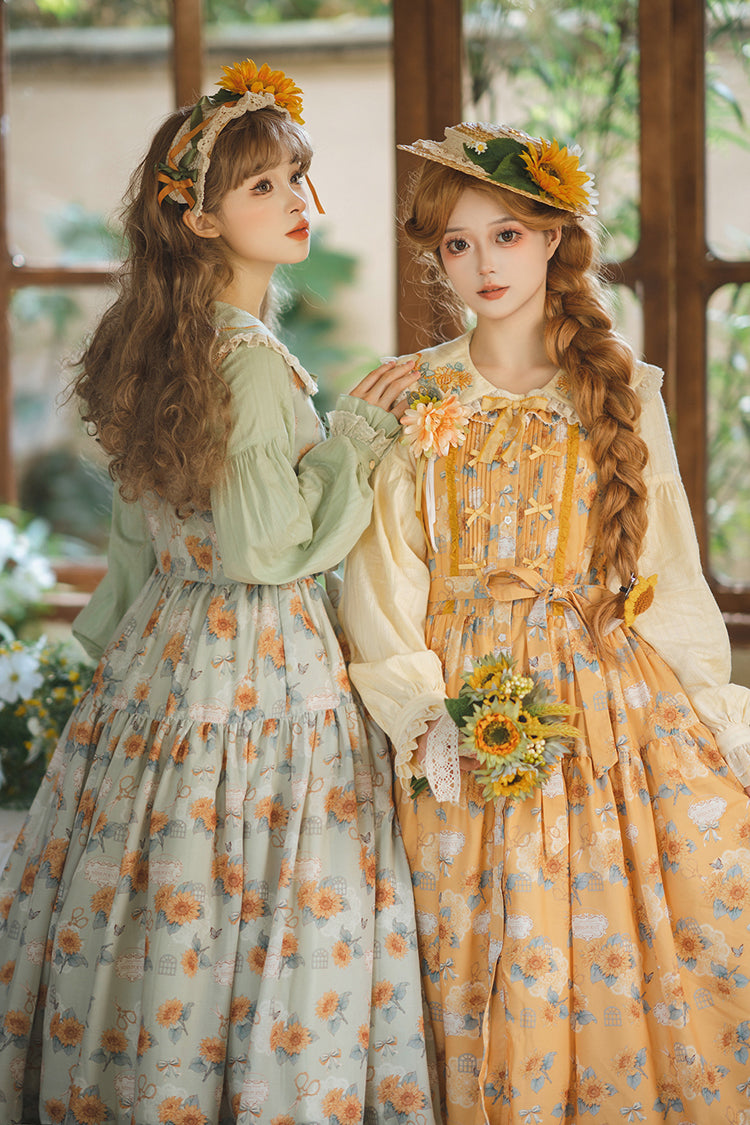 Green Gardening Sunflower Sleeveless Print Ruffle Bowknot Sweet Elegant Lolita Jsk Dress