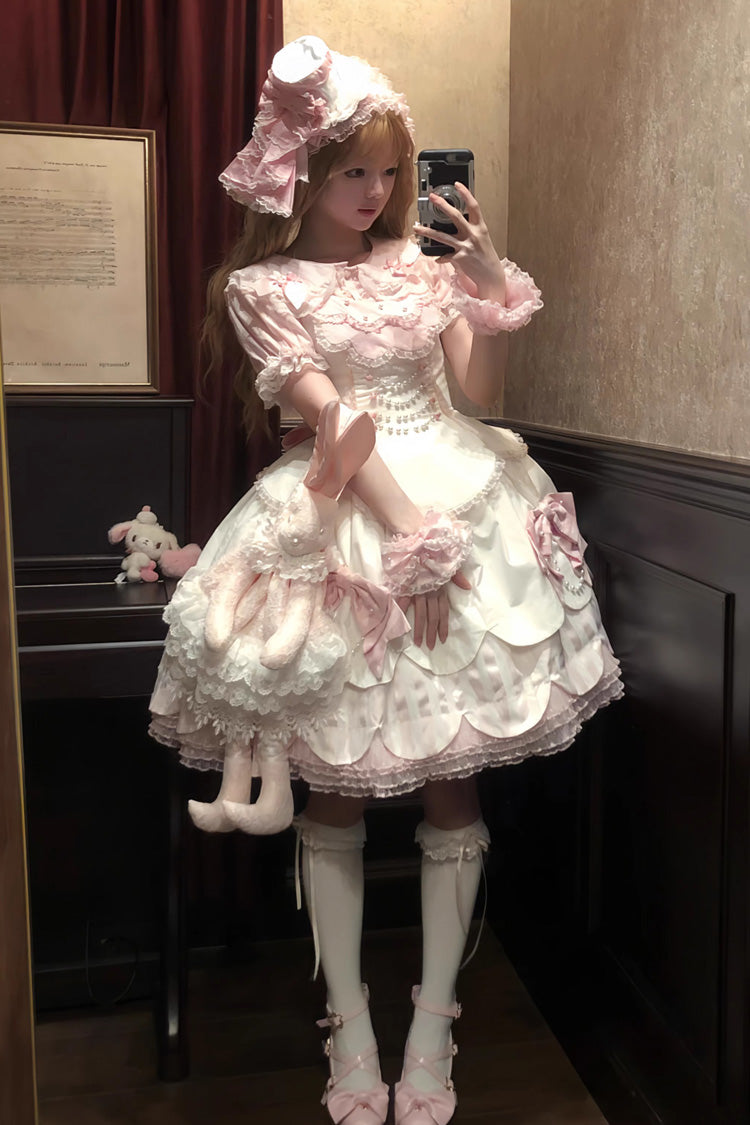 White/Pink Sleeveless Multi-Layered Ruffle Bowknot Lace Pearl Sweet Lolita Jsk Dress