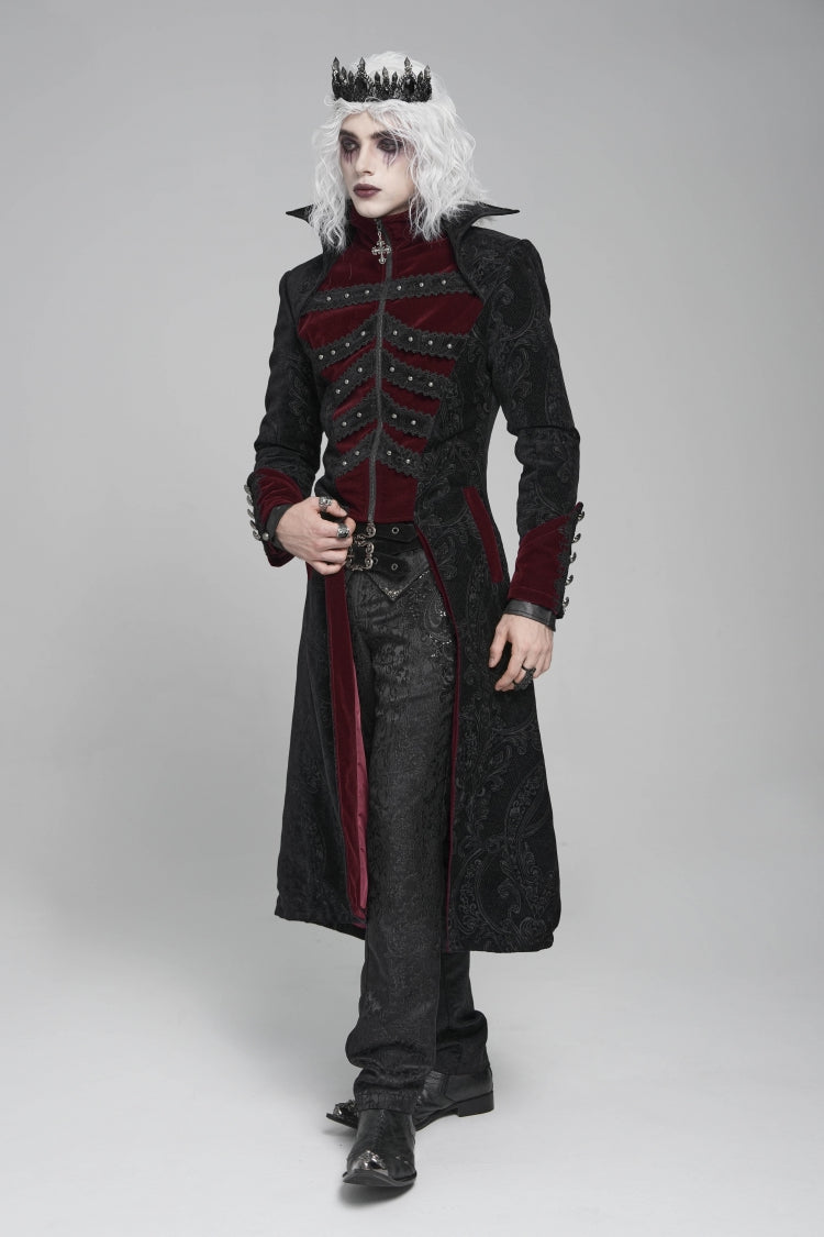 Black/Red Diamante Stand Collar Long Sleeves Printed Zippered Men's Gothic Long Coat